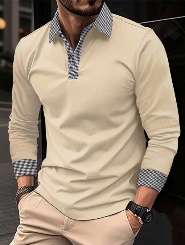 Polo à manches longues pour hommes imprimé couleur contraste décontracté
