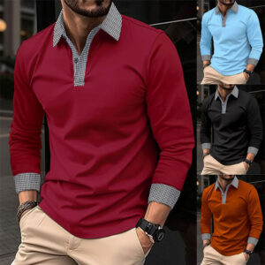 Polo à manches longues pour hommes imprimé couleur contraste décontracté